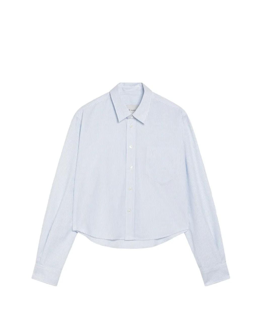 AMI White Cropped Striped Cotton Shirt With Embossed Ami De Coeur