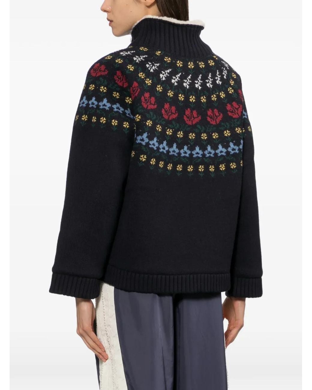 Sea Black Fair Isle-Knit Shearling-Collar Jacket