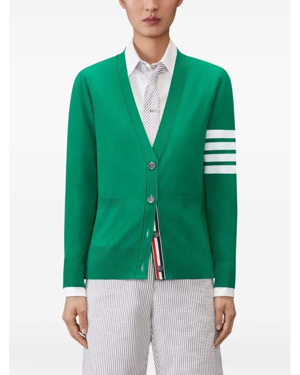 Thom Browne Green Merino Wool 4-Bar Relaxed Fit V-Neck Cardigan