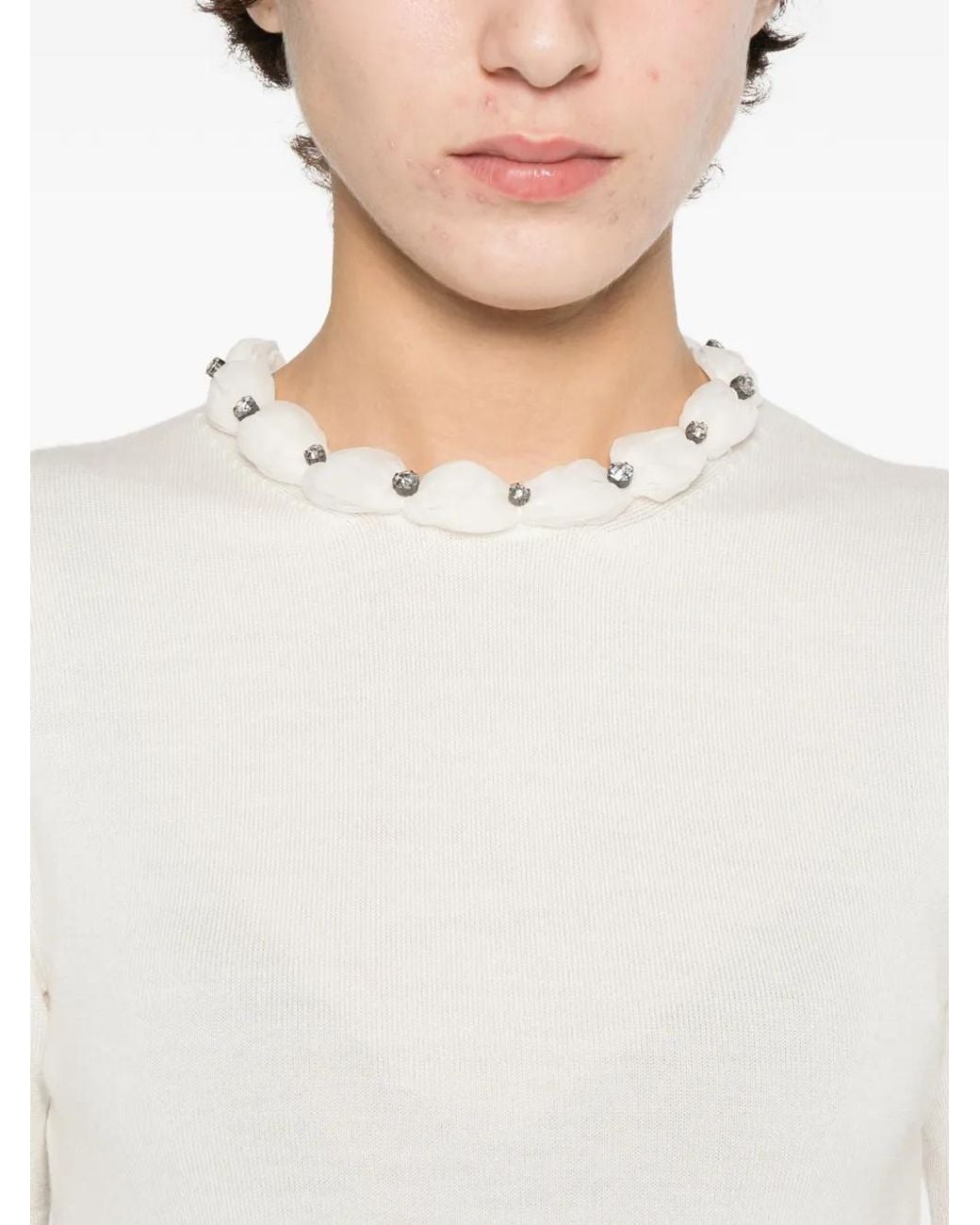 Valentino Garavani White Embellished Scalloped Virgin Wool Blouse