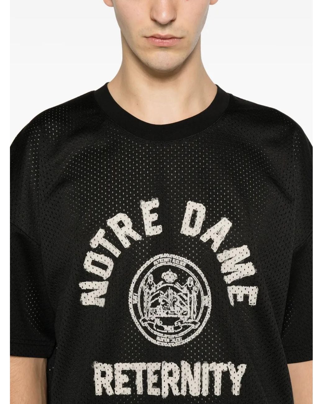 RETERNITY Black Notre Dame Logo-Print Mesh T-Shirt for men
