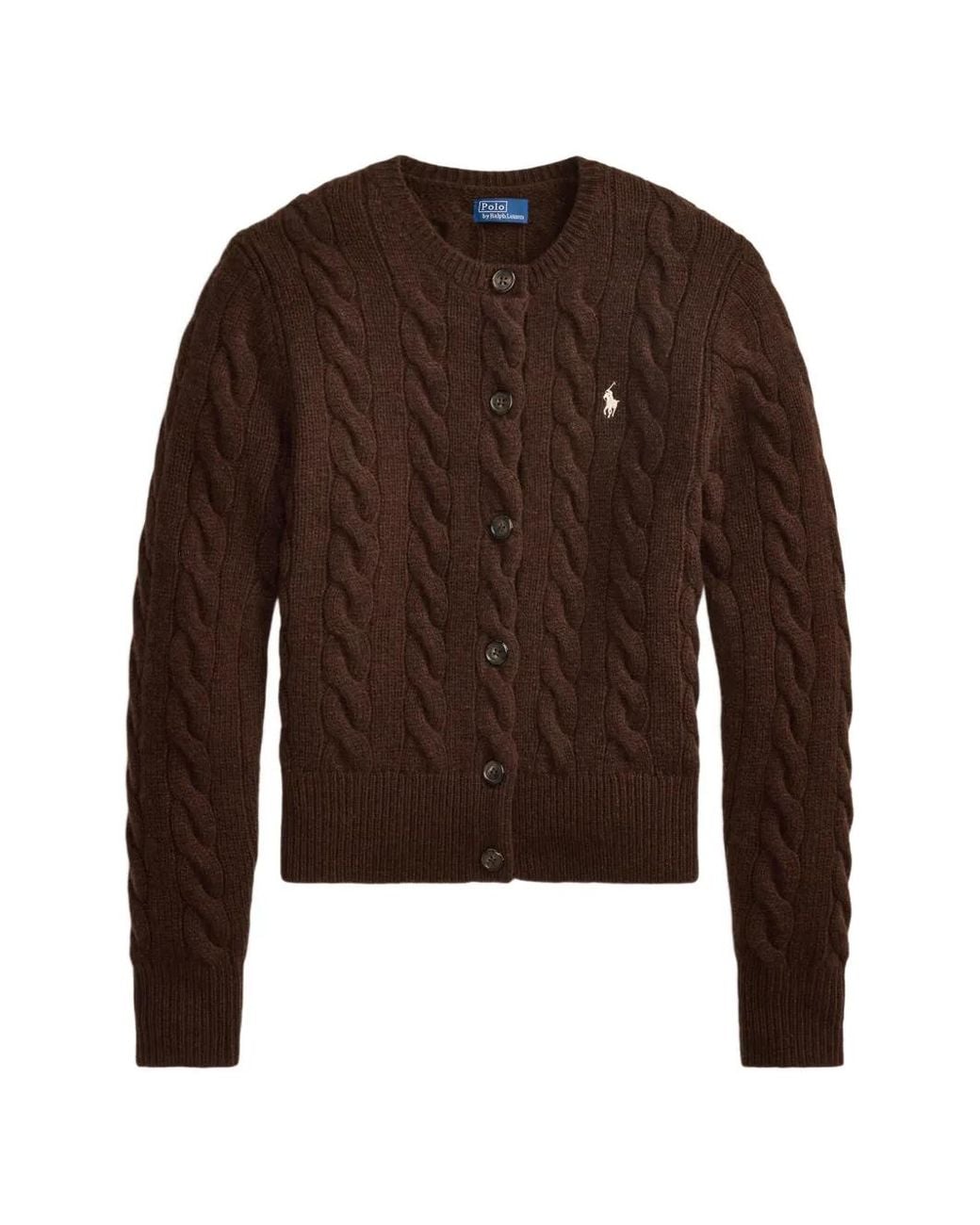 Polo Ralph Lauren Brown Dark Cable-Knit Wool And Cashmere Crew-Neck Cardigan With Pony Embroidery