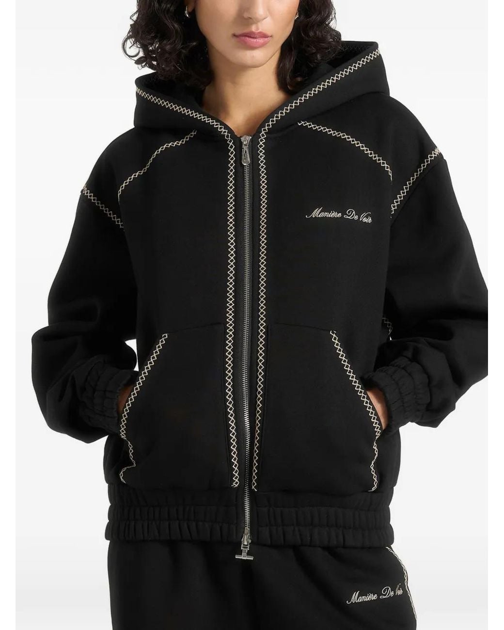 Manière De Voir Black Ollie Whipstitch Raglan Effect Zip Hoodie