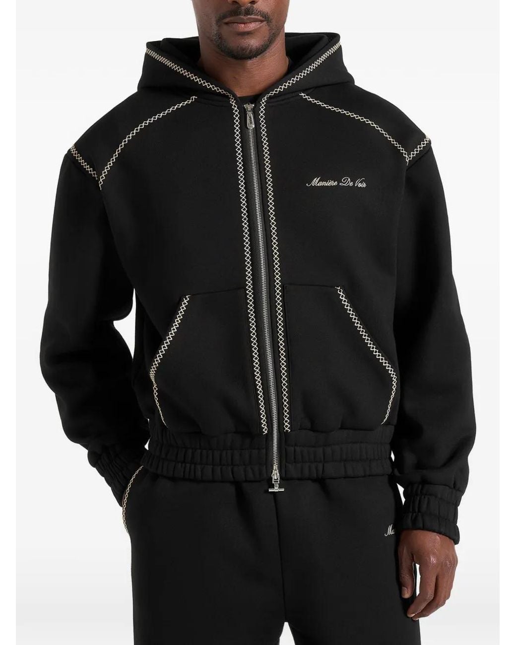 Manière De Voir Black Ollie Whipstitch Raglan Effect Zip Hoodie