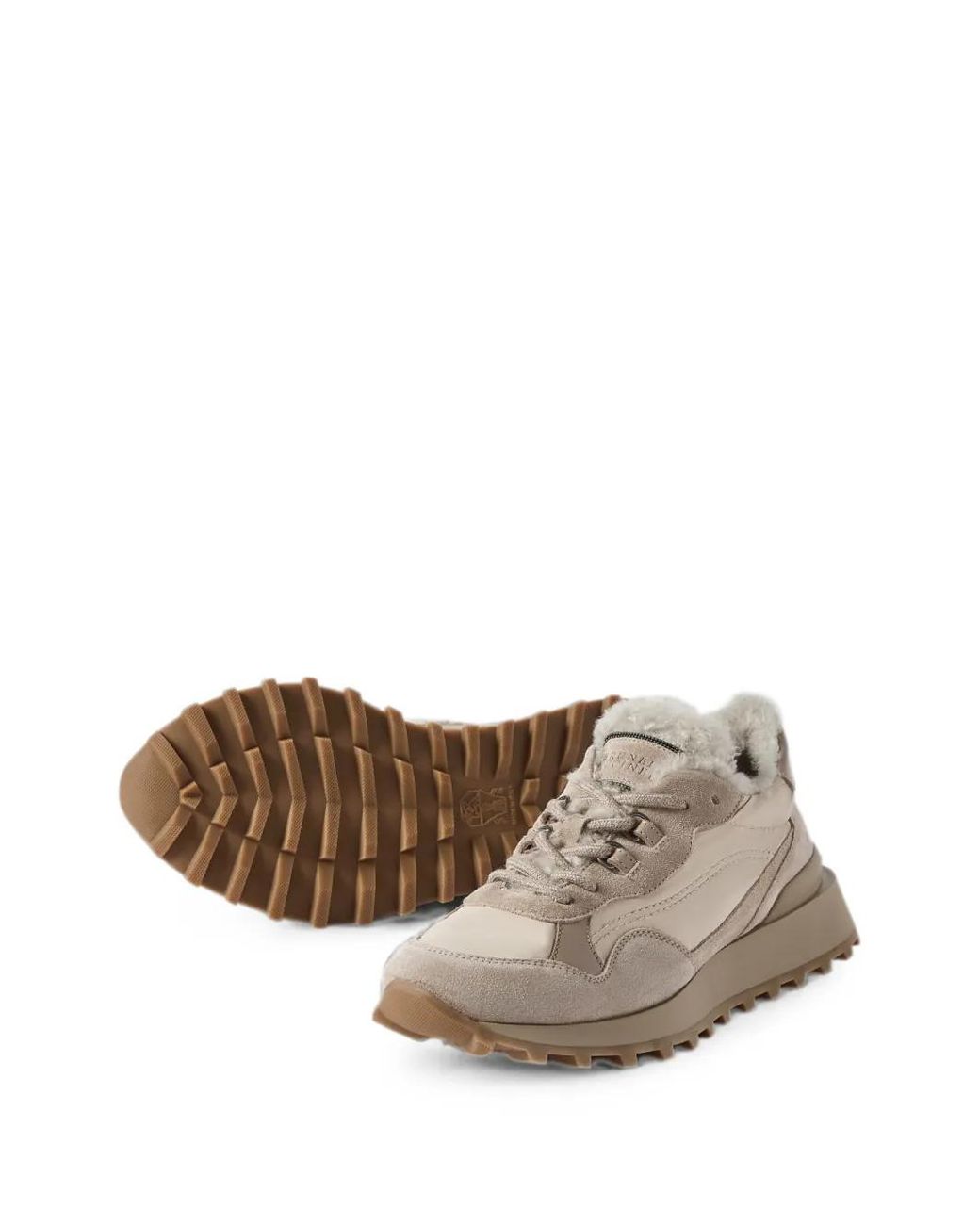 Brunello Cucinelli White Suede And Techno Cotton Sneakers With Shearling Lining And Monili