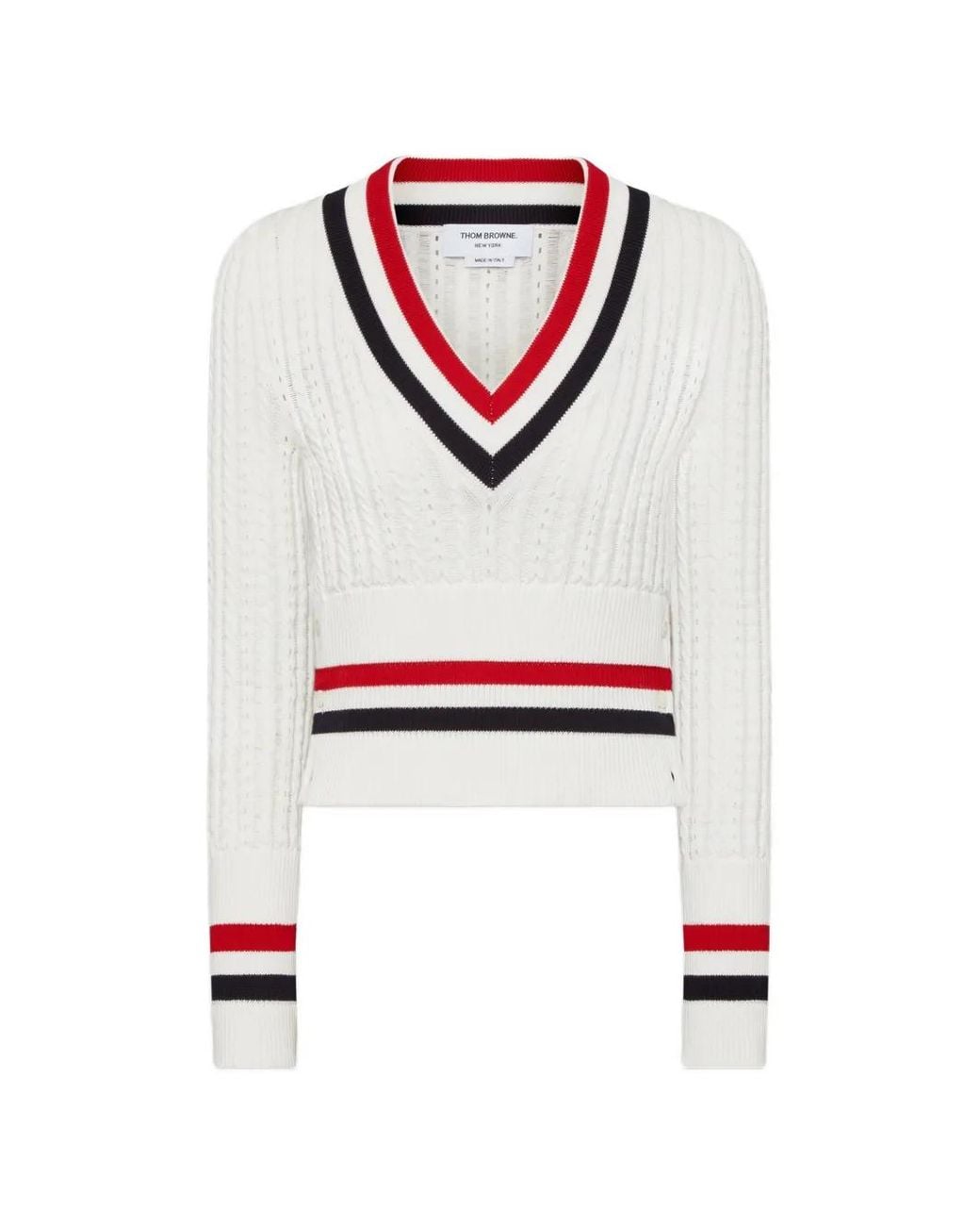 Thom Browne White Cricket Rwb-Stripe Baby-Ladder-Cable Shrunken Sweater