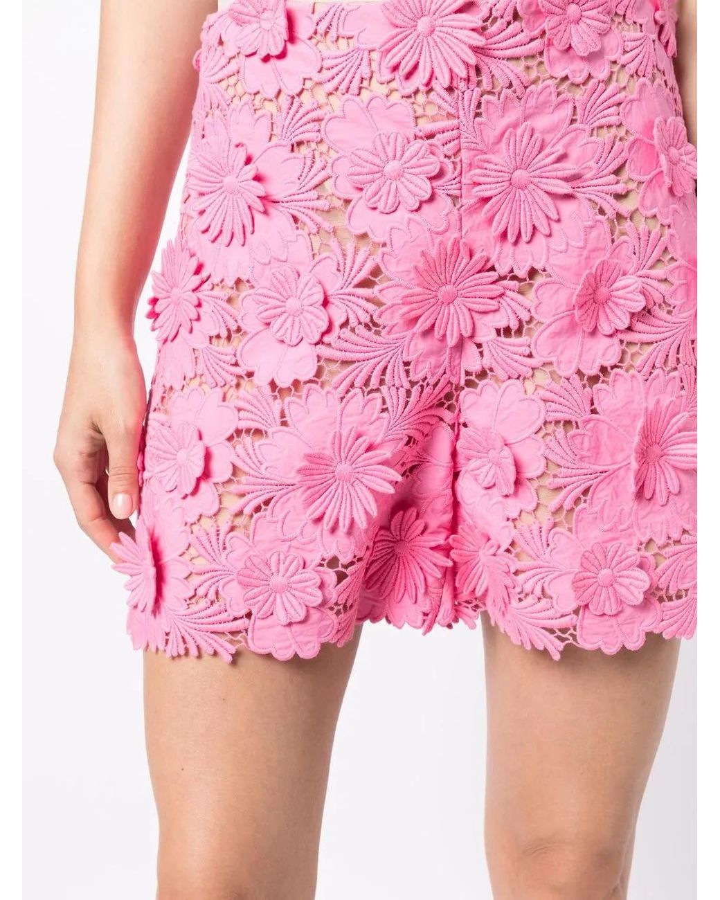 Oscar de la Renta Pink Floral-Lace High-Waisted Shorts