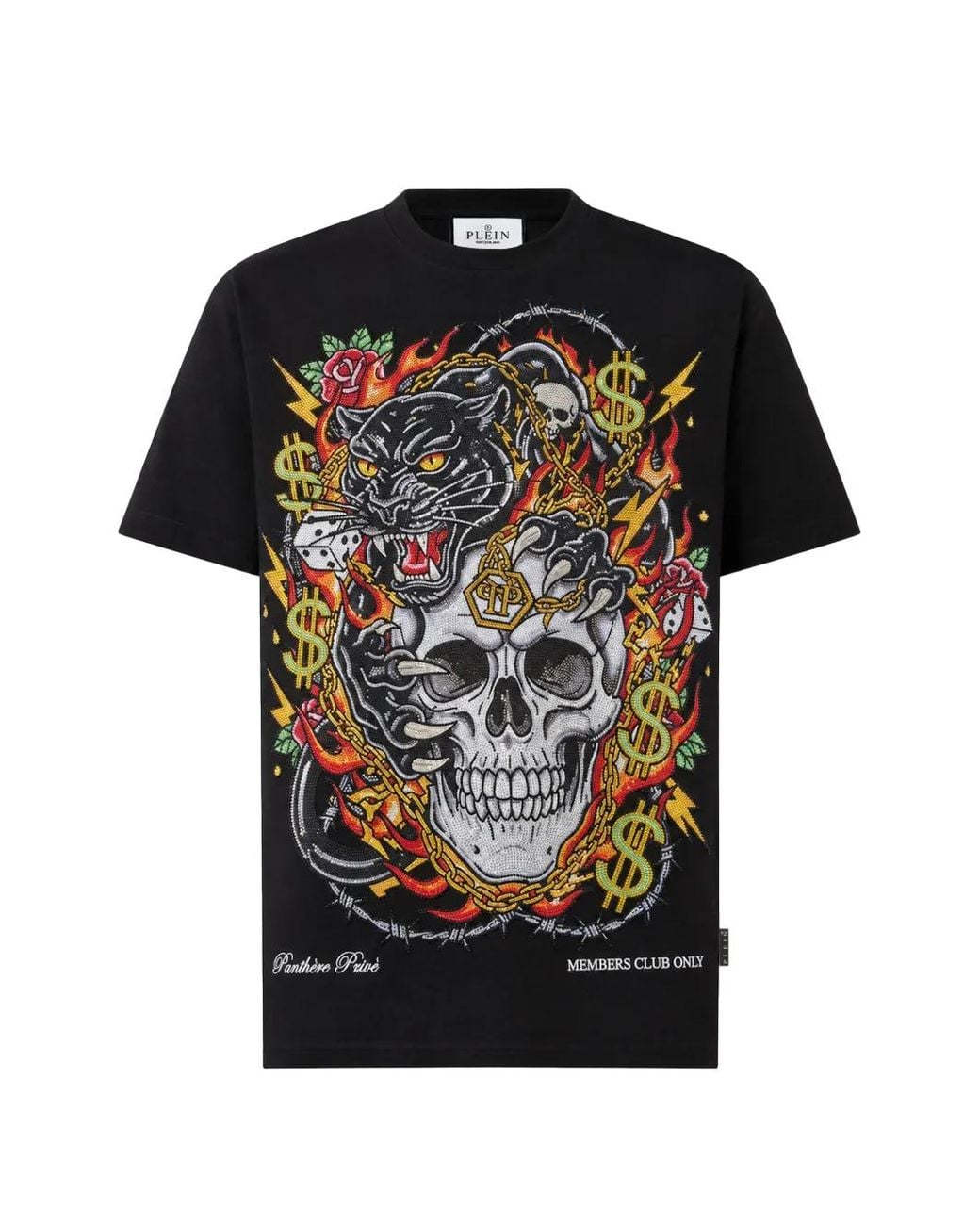 Philipp Plein Black Round-Neck T-Shirt Panther-Skull Strass for men