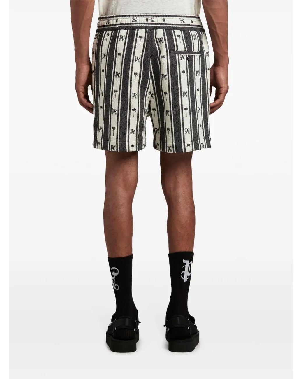 Palm Angels Black Monogram-Print Striped Shorts for men