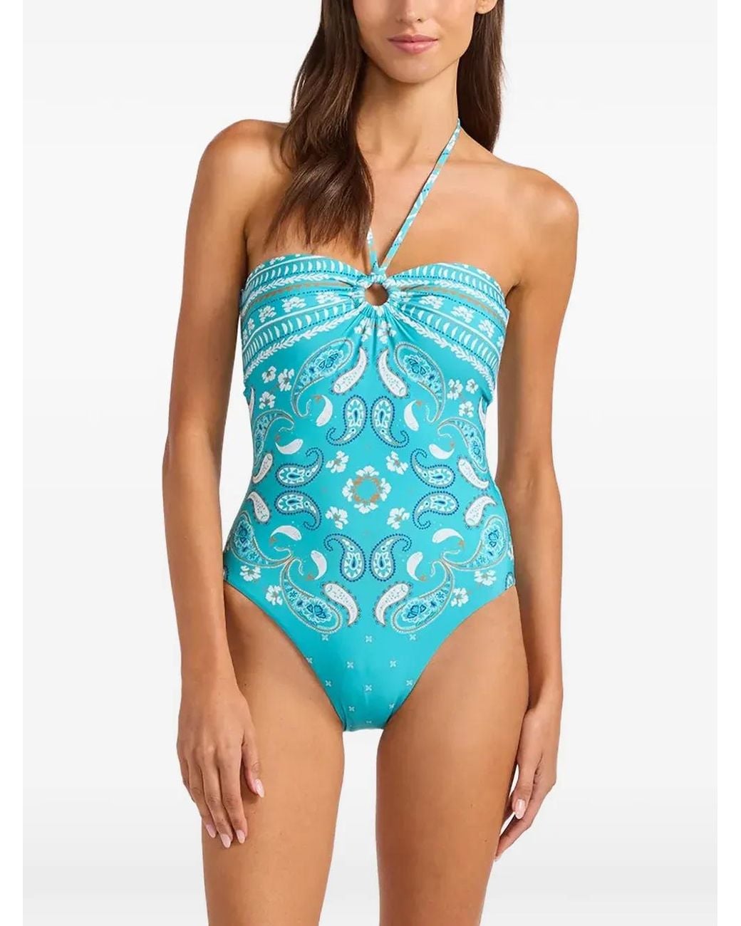 Seafolly Blue Paisley-Print Ring-Detail Swimsuit