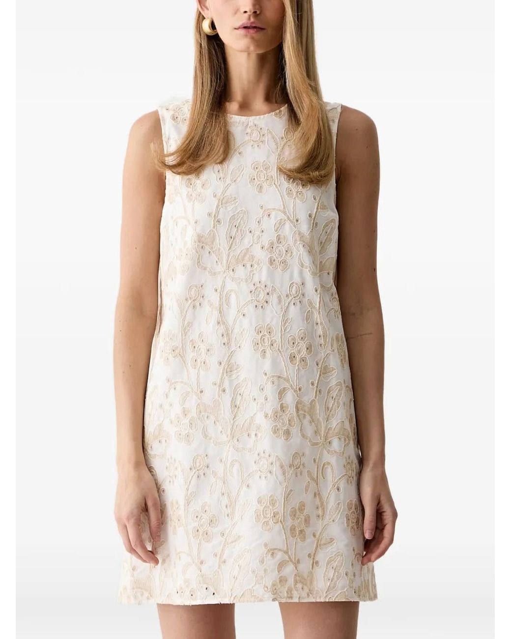 ViCOLO Natural Floral-Embroidered Sleeveless Mini Dress