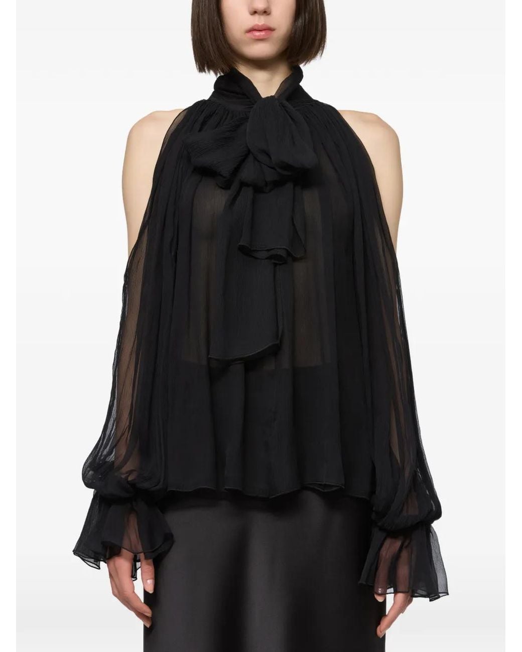 Atu Body Couture Black Cold-Shoulder Pussy-Bow Blouse