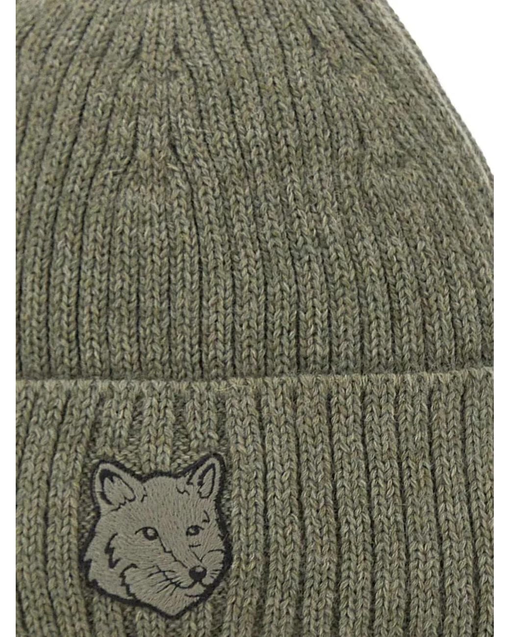 Maison Kitsuné Green Fox-Head Ribbed Beanie