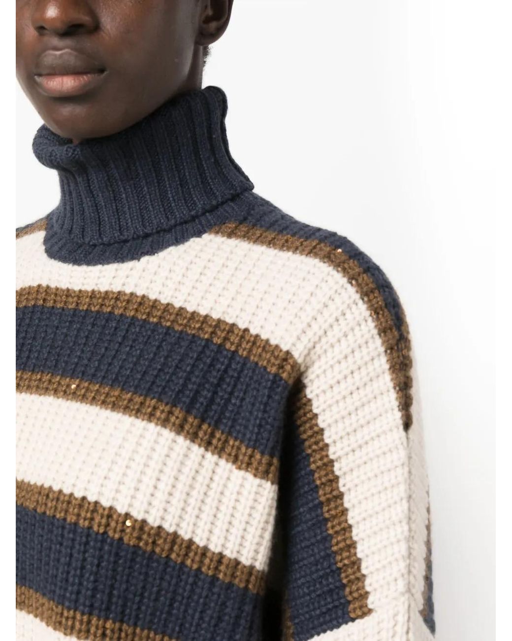 Brunello Cucinelli Black Striped Roll-Neck Waffle-Knit Jumper