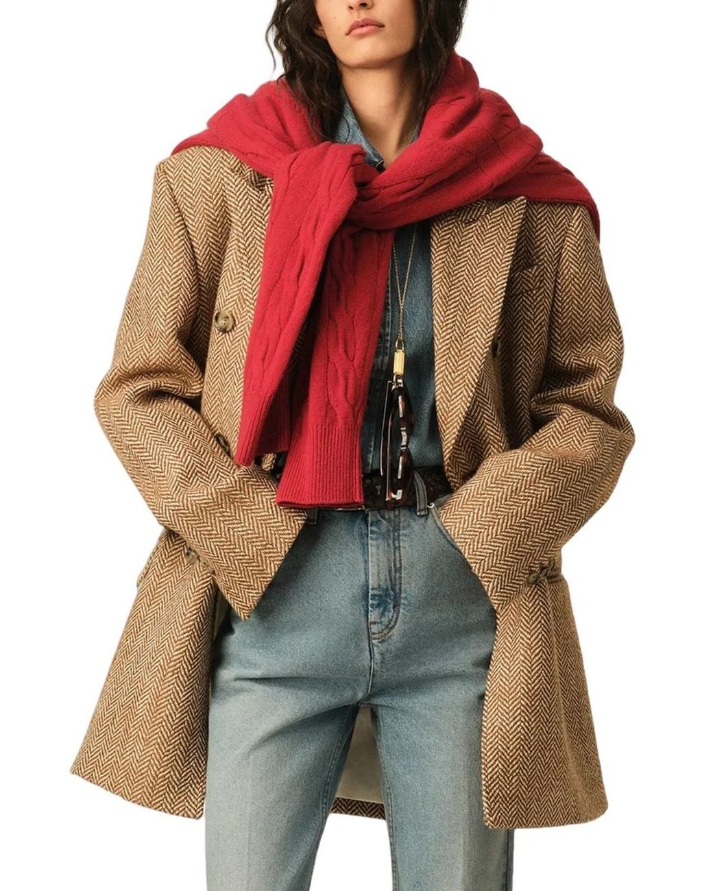 AMI Natural Double Breasted Herringbone Wool Blazer