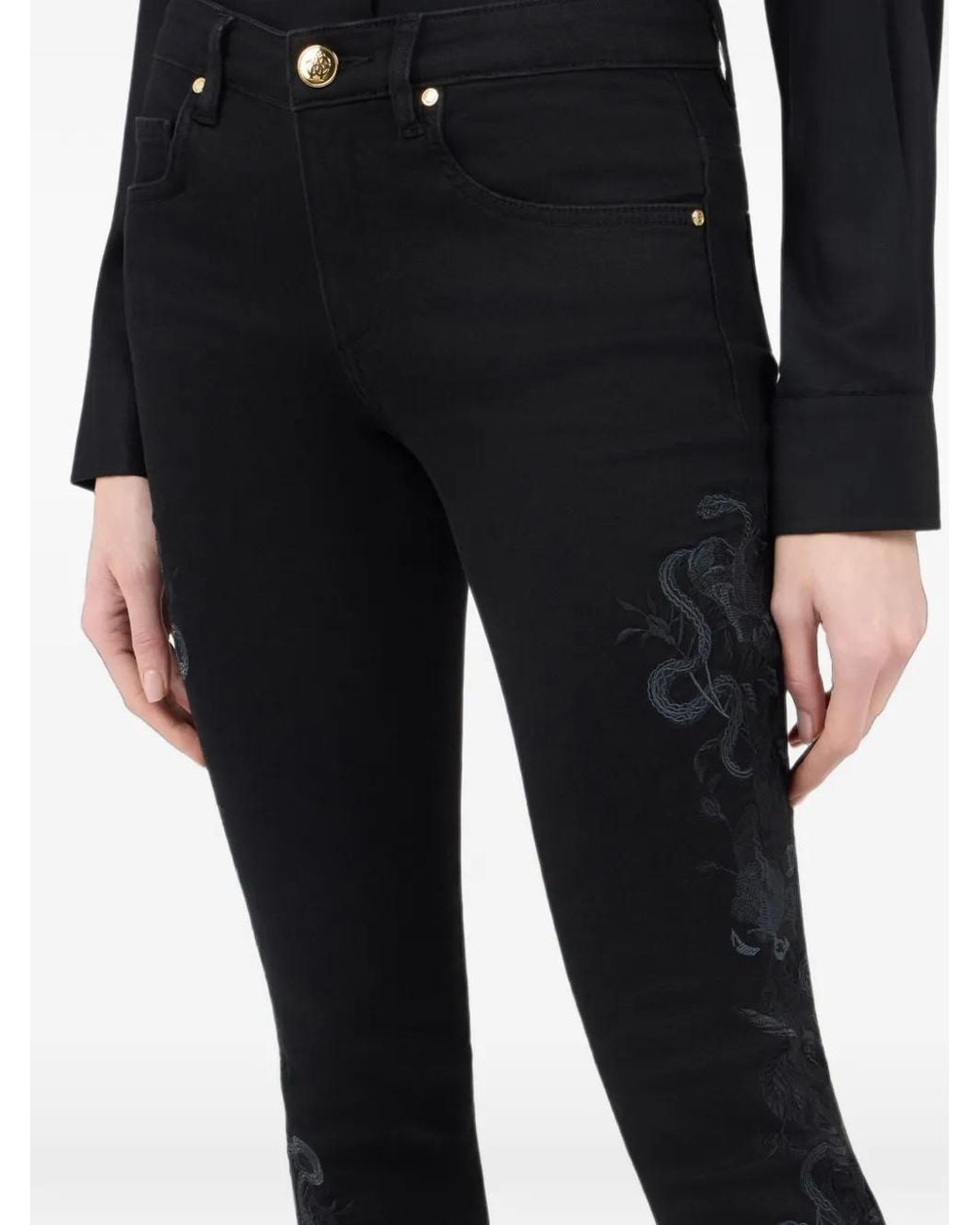 Roberto Cavalli Black Snake-Embroidered Cropped Jeans