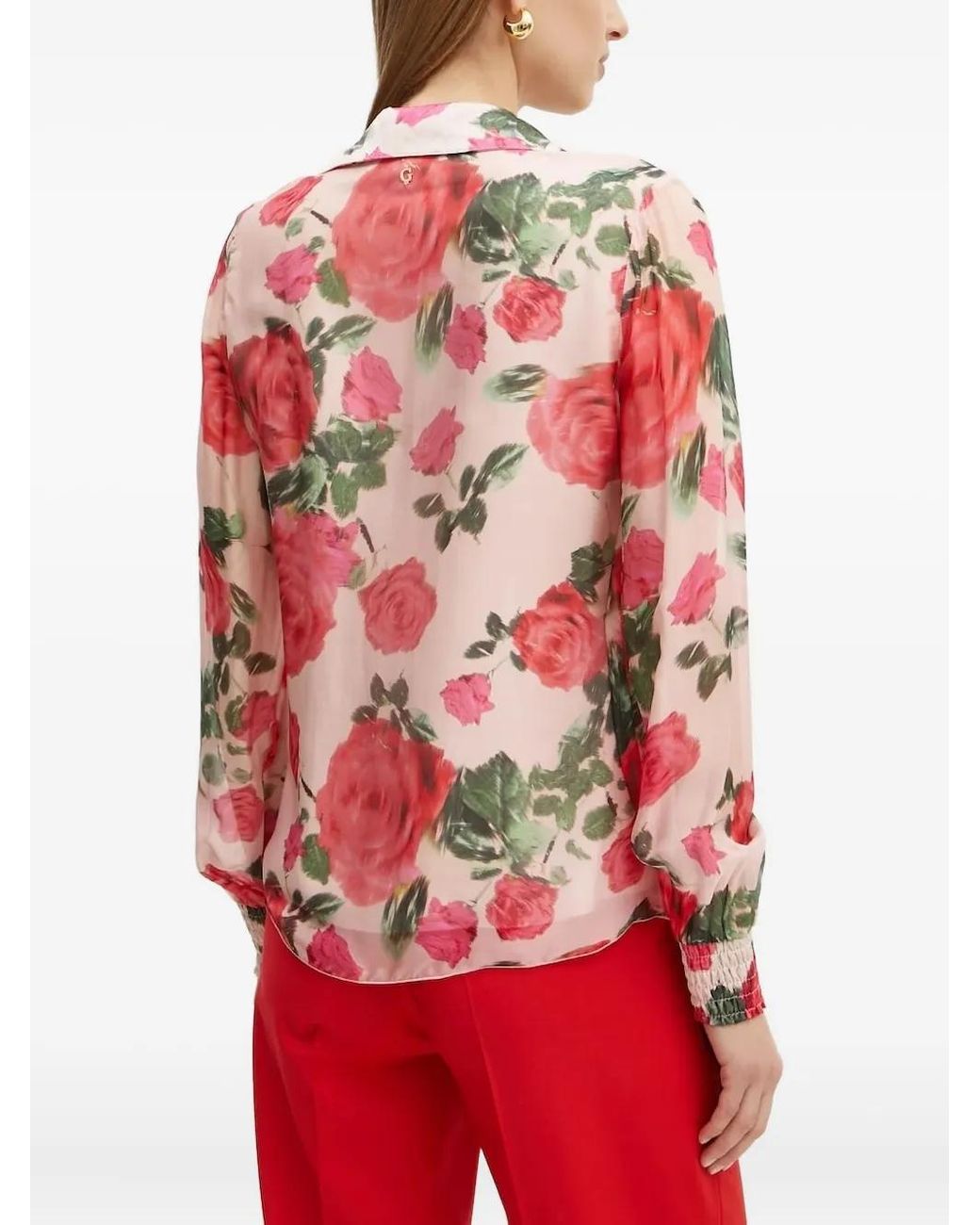 Guess Red Rose-Print Ruffled Blouse