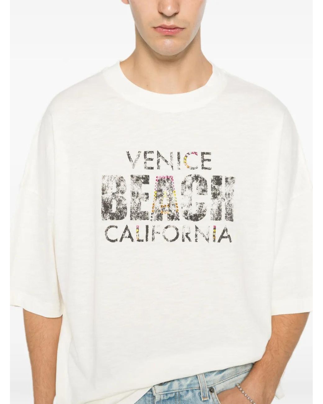 Palm Angels White Graphic-Print Rhinestone-Embellished T-Shirt for men
