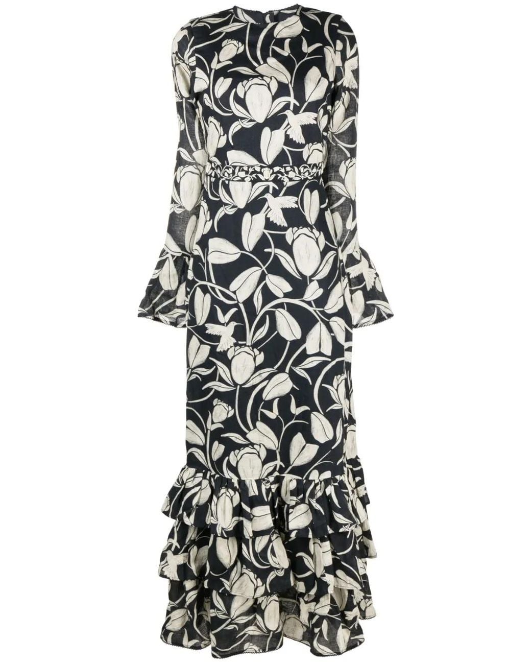 Agua Bendita White Annato Flora-Print Ruffled Linen Dress