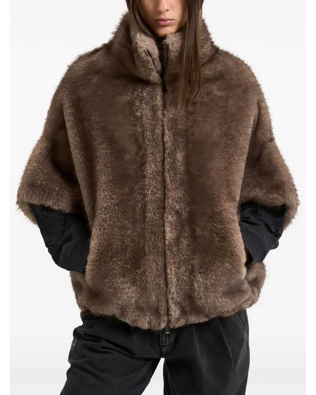 Valentini Brown Faux-Fur Short-Sleeve Jacket