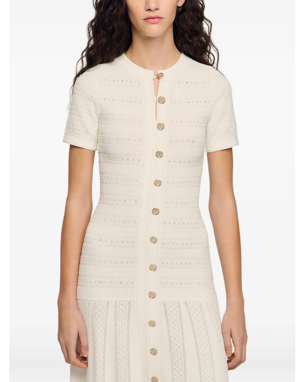 Sandro White Midi Button Knitted Dress