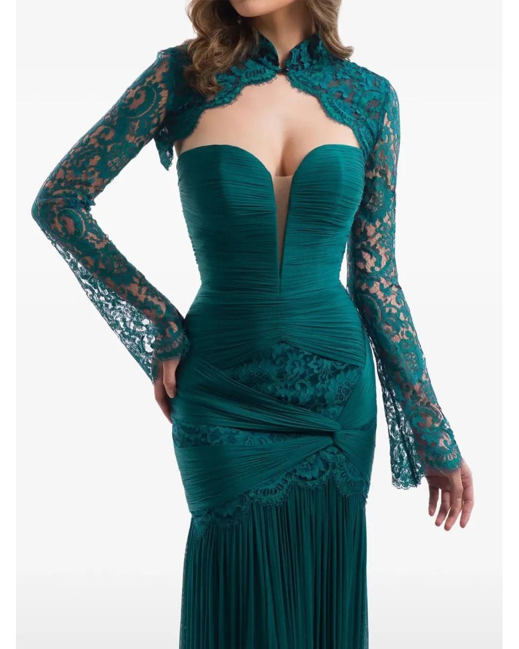 IMROSKA Green Forest Lace-Panelled Long-Sleeve Bolero Cardigan