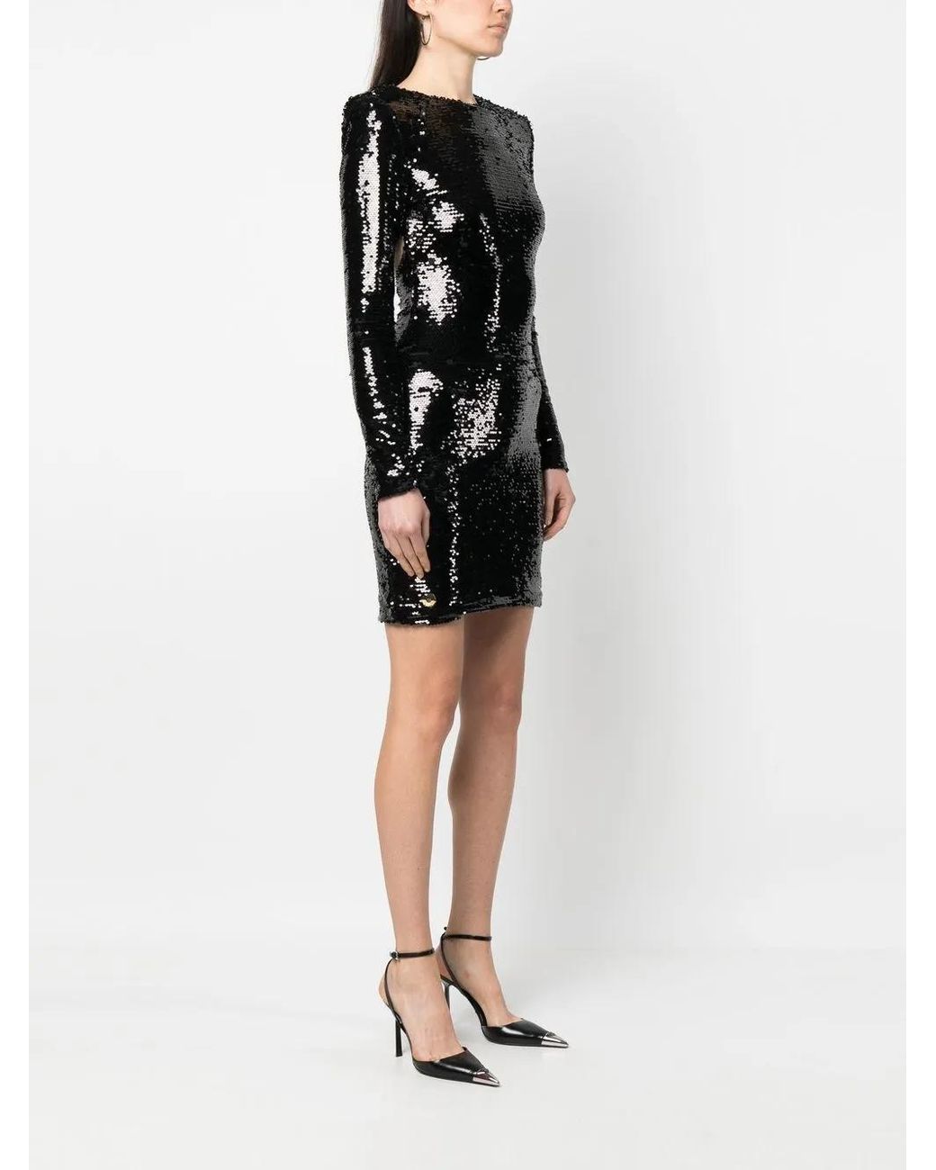Philipp Plein Black Long-Sleeved Sequin-Embellished Dress