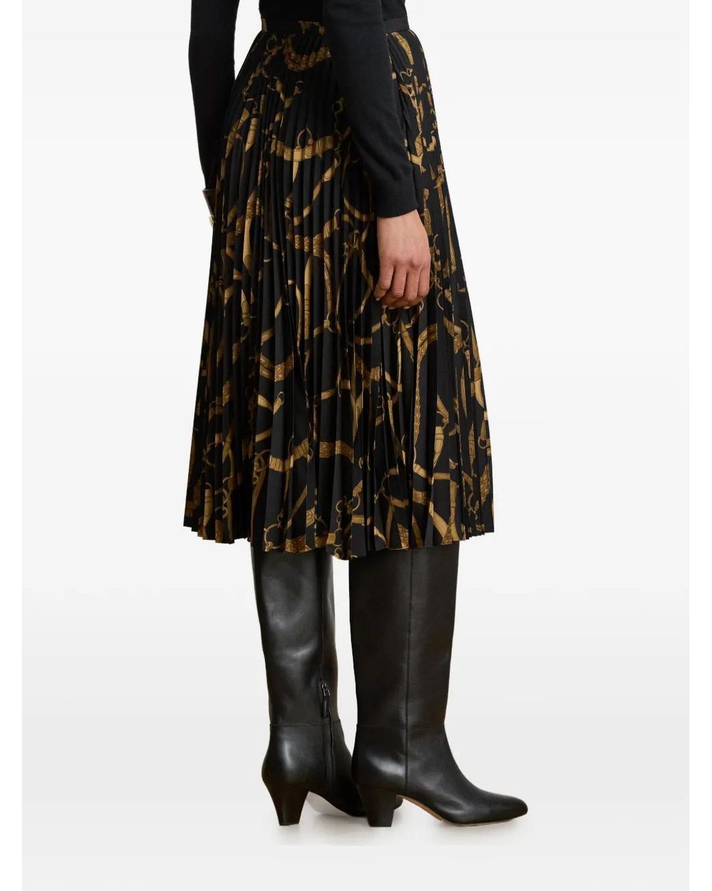 Ralph Lauren Black Belting-Print Pleated Midi Skirt