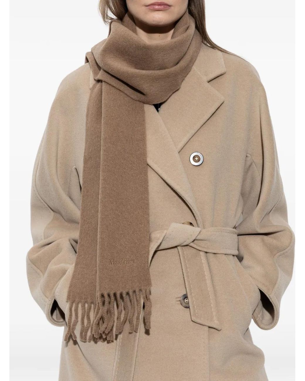 Max Mara Brown Fringed Logo-Embroidered Wool Scarf