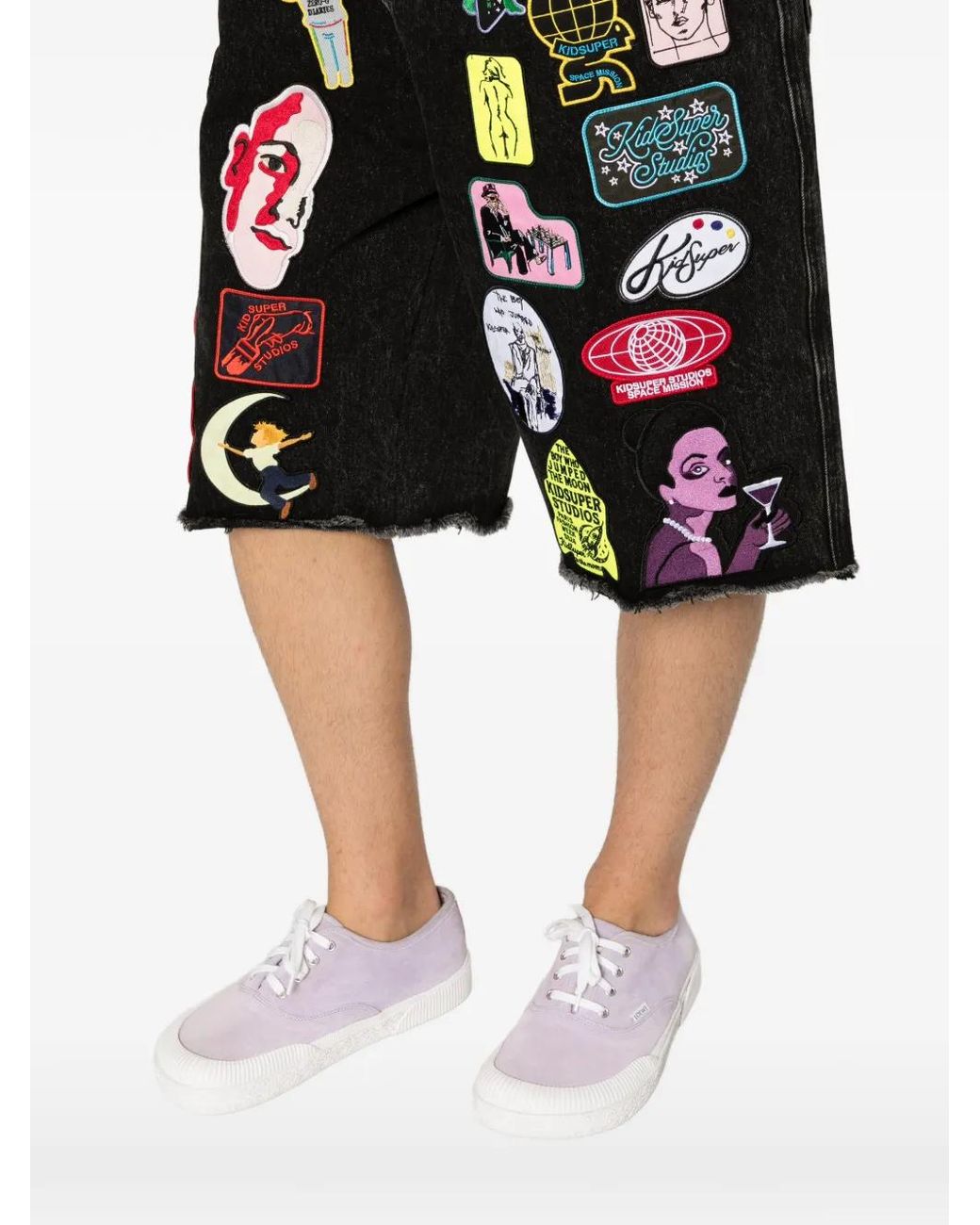 Kidsuper Black Patches-Appliqué Denim Shorts for men