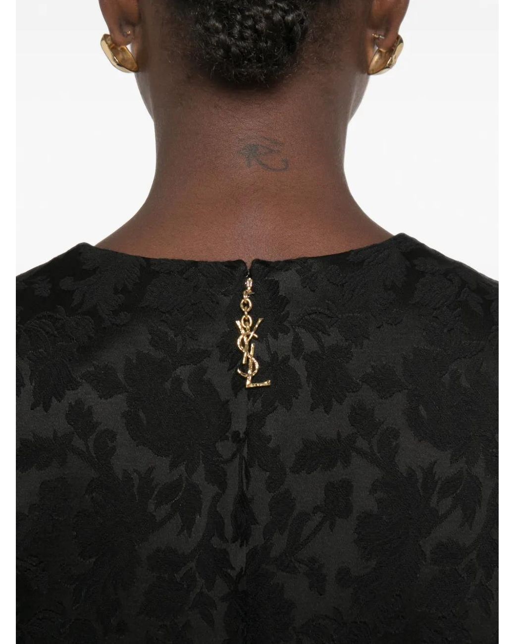 Saint Laurent Black Robe Longue À Fleurs En Jacquard Et Soie