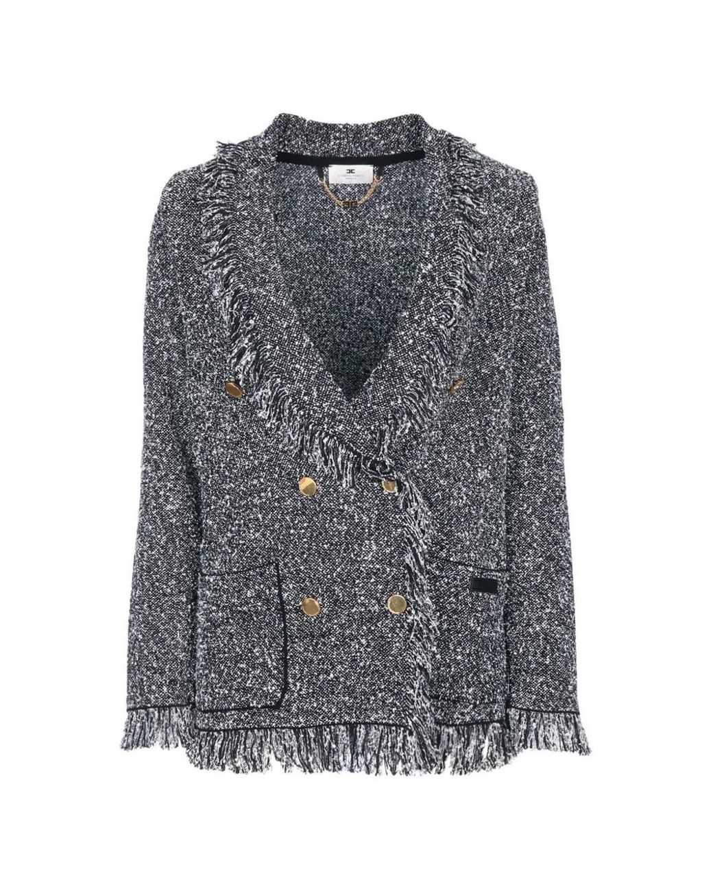 Elisabetta Franchi Gray Fringe-Trim Double-Breasted Jacket