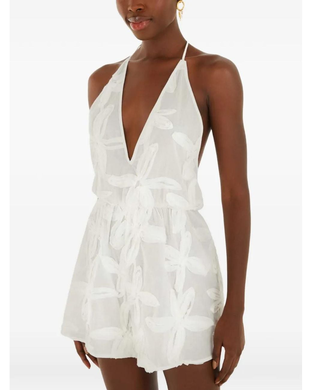 Farm Rio White Floral-Appliqué Halterneck Playsuit