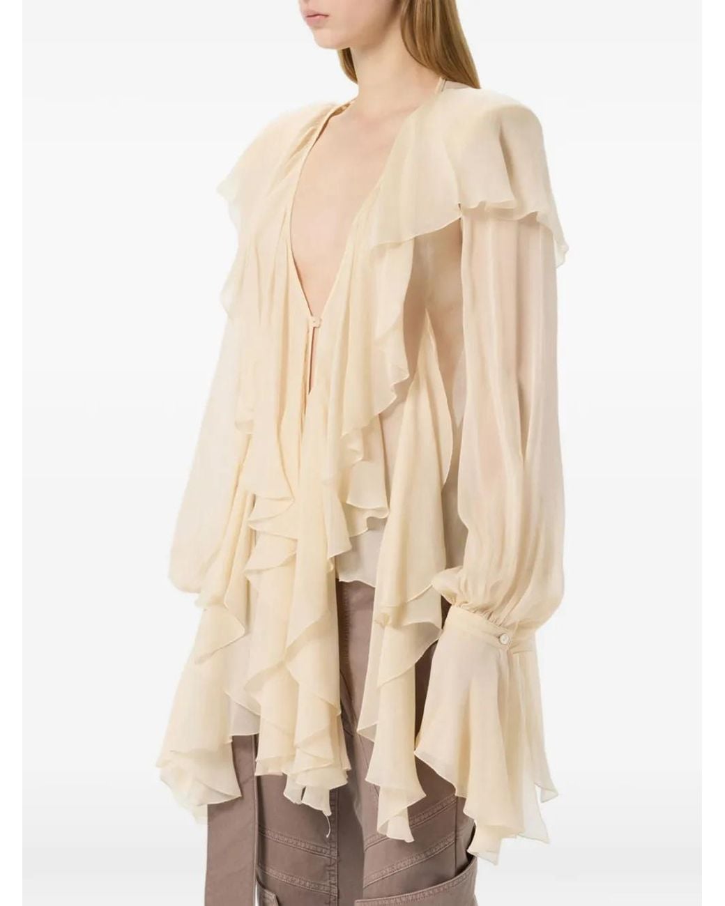 Blumarine Natural Ruffled Crepe-De-Chine Blouse