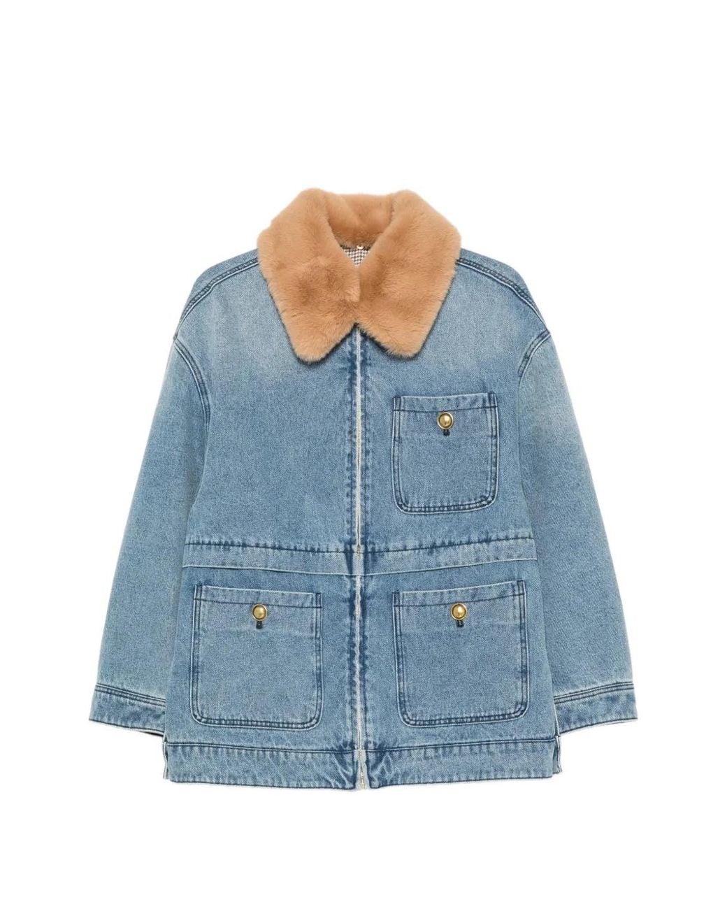 Sandro Blue Faux-Fur-Collar Denim Coat