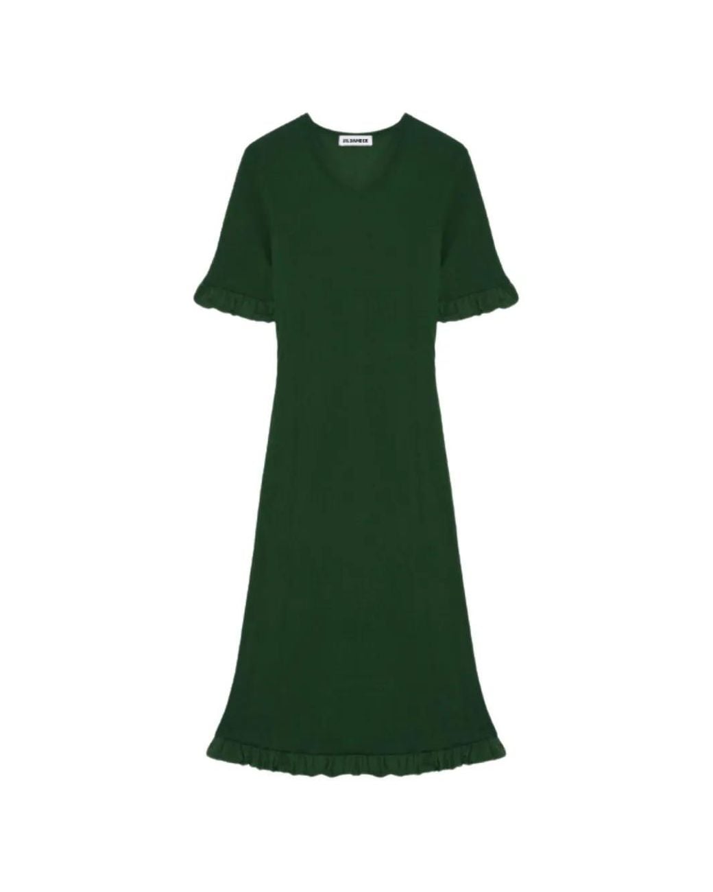 Jil Sander Green Ruffled-Trim Ribbed-Knit Midi Dress