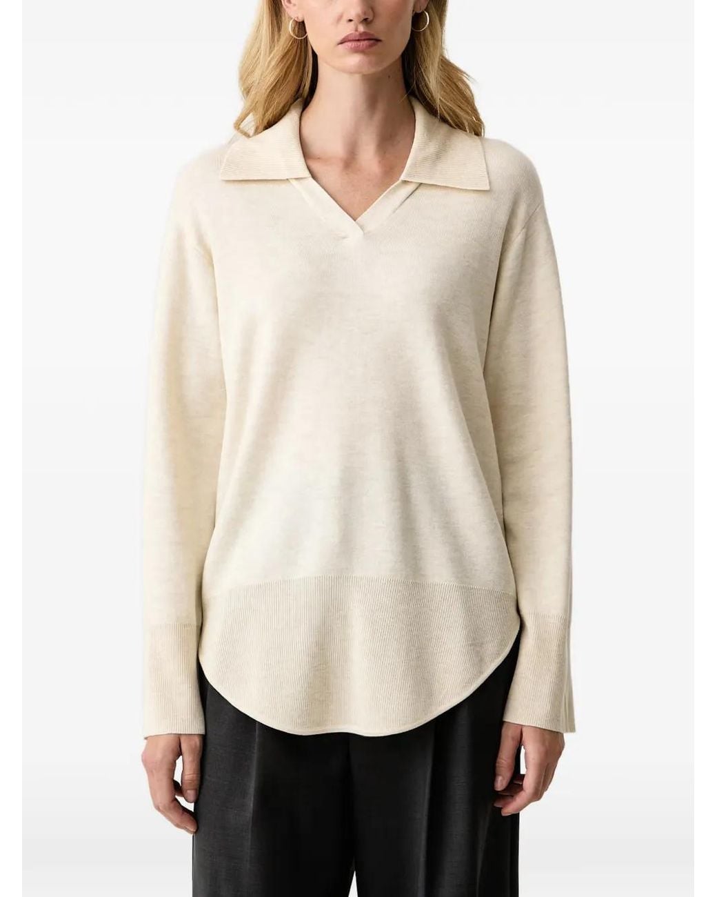 Silvian Heach White Curved-Hem Polo Sweater