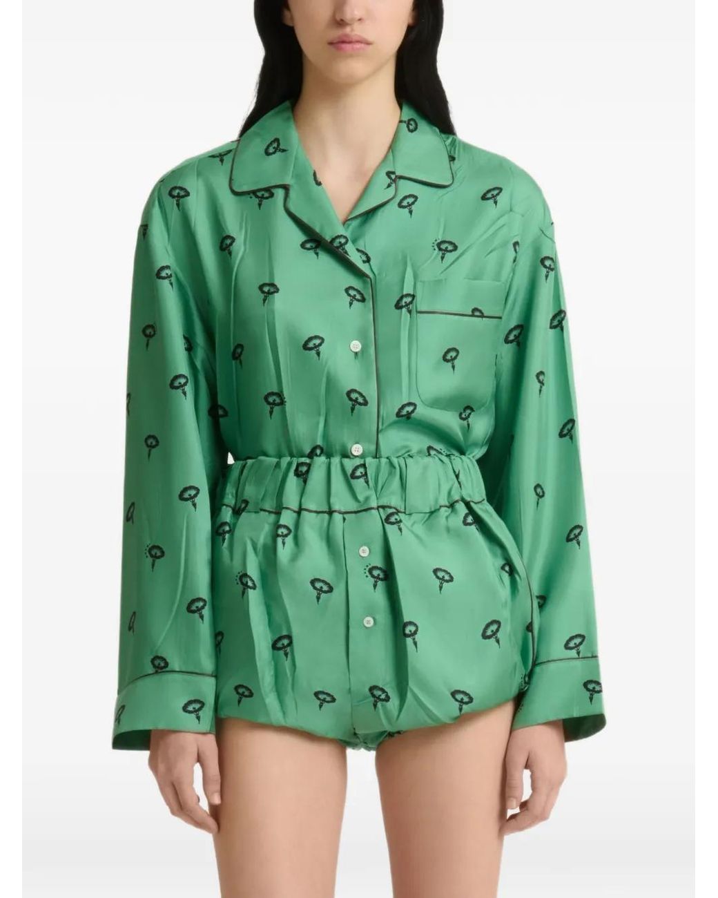 Marni Green Silk Twill Bloomers With Floral Print