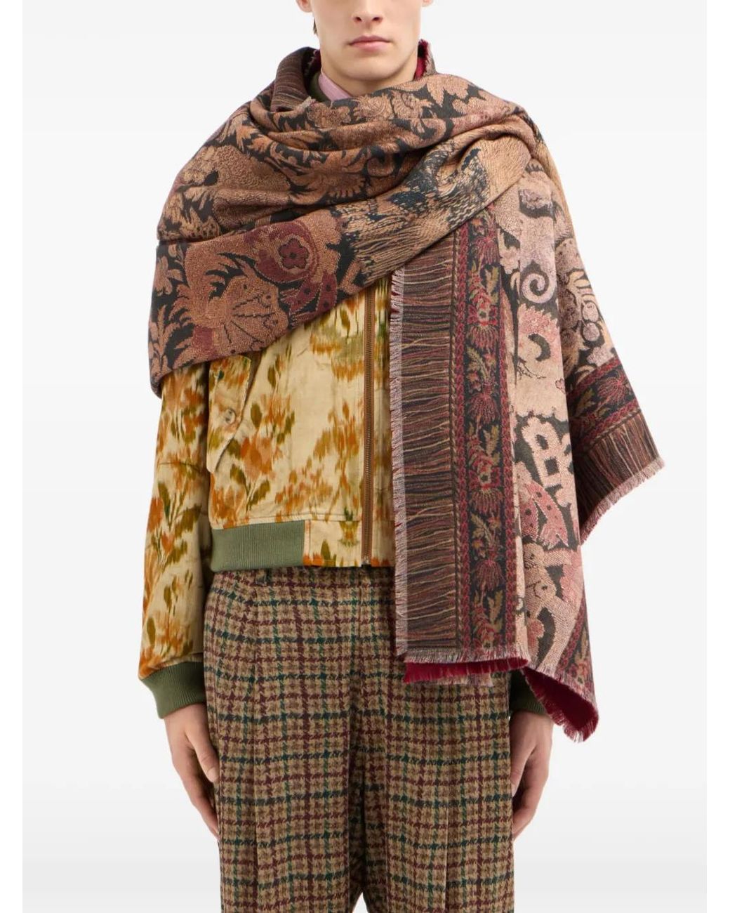 Pierre Louis Mascia Brown Pancake Floral-Print Fringed Scarf