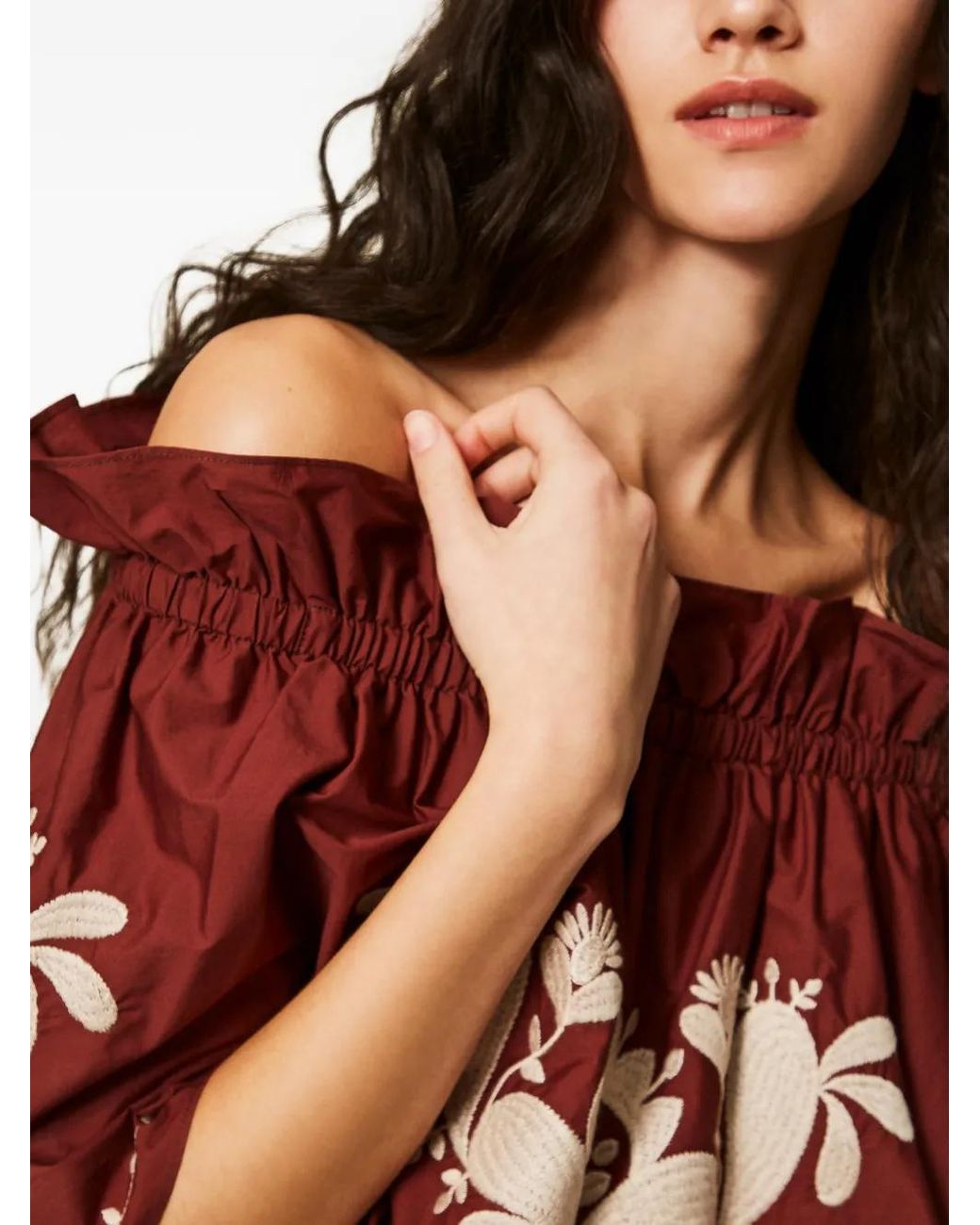 Twinset Red Poplin Off-Shoulder Top With Embroidery