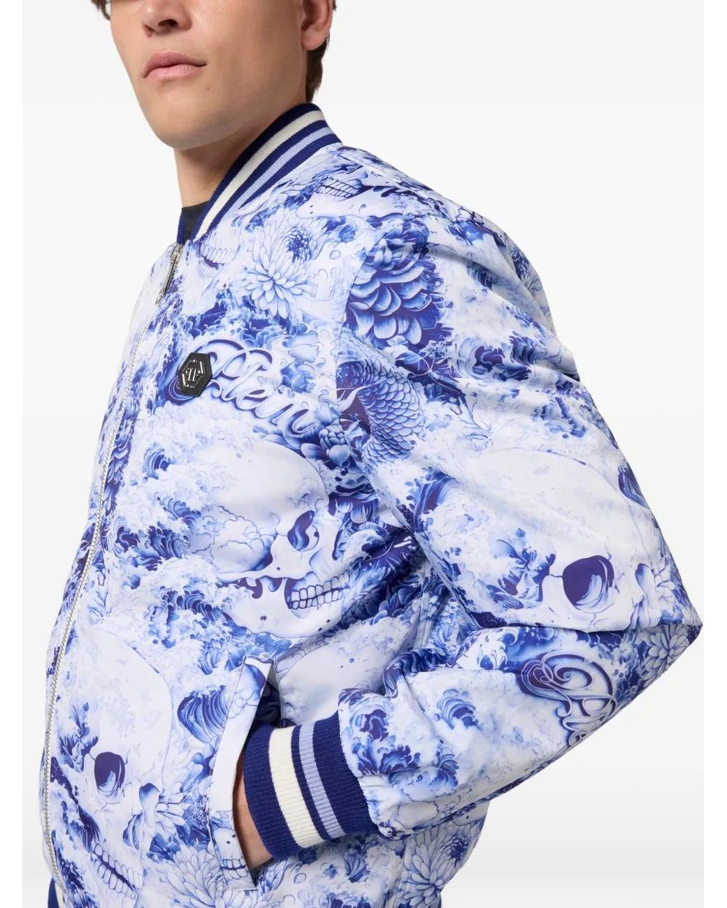 Philipp Plein Blue Floral Skull Bomber Jacket for men
