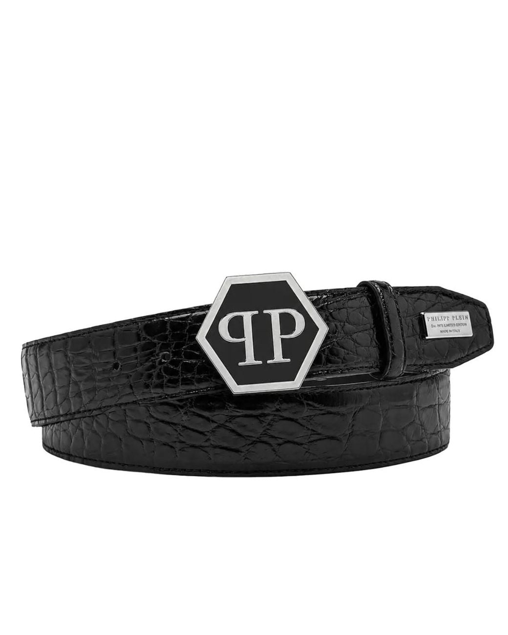 Philipp Plein Black Leather Belt Cocco Hexagon for men