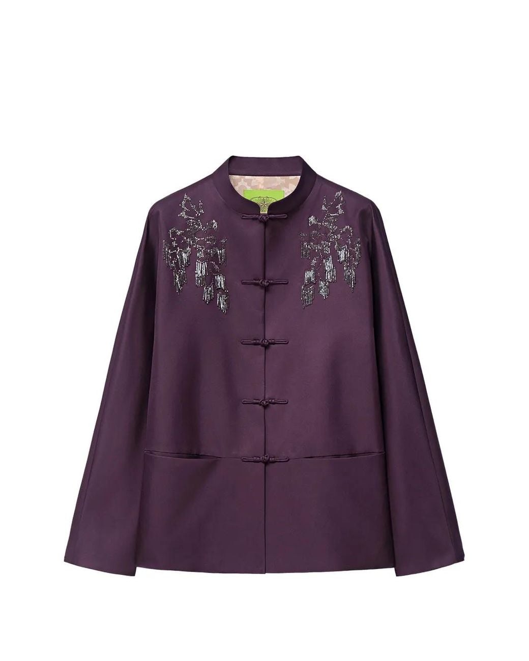 Shanghai Tang Purple Beaded Twill Embellished Frog-Fastening Jacket