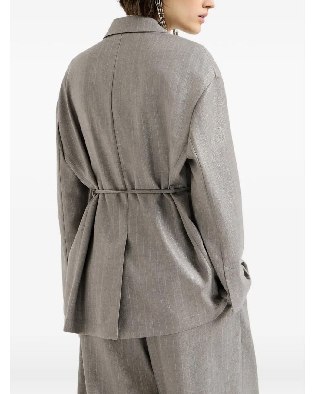 Brunello Cucinelli Gray Sparkling Virgin Wool Pinstripe Blazer With Monili