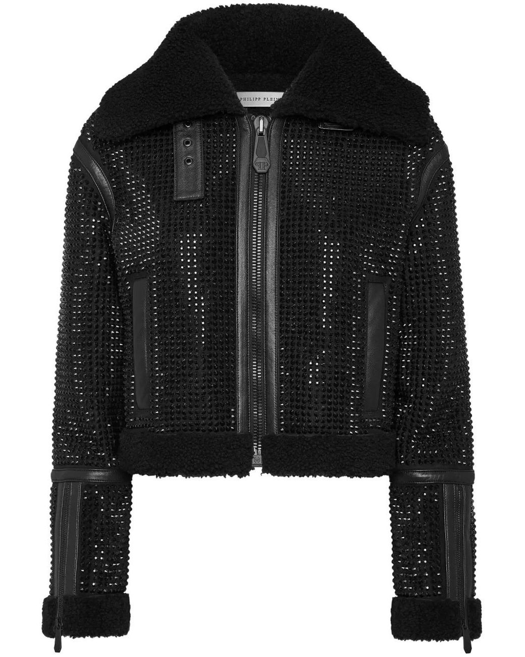 Philipp Plein Black Crystal Shearling Cropped Jacket