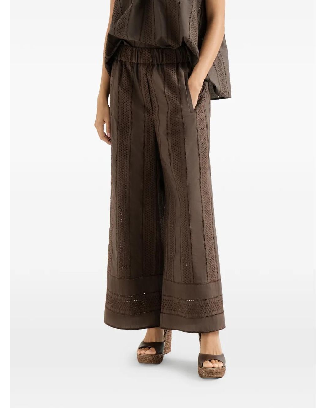 Brunello Cucinelli Brown Techno Cotton Poplin Broderie Anglaise Track Trousers