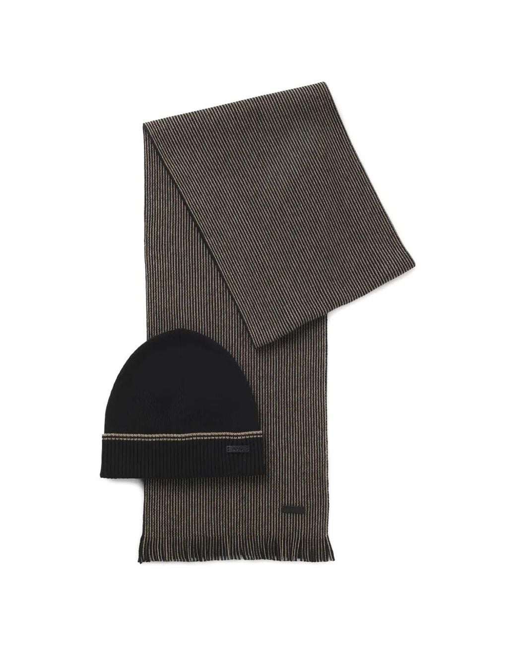 Boss Gray Ribbed Hat And Striped Scarf Set for men