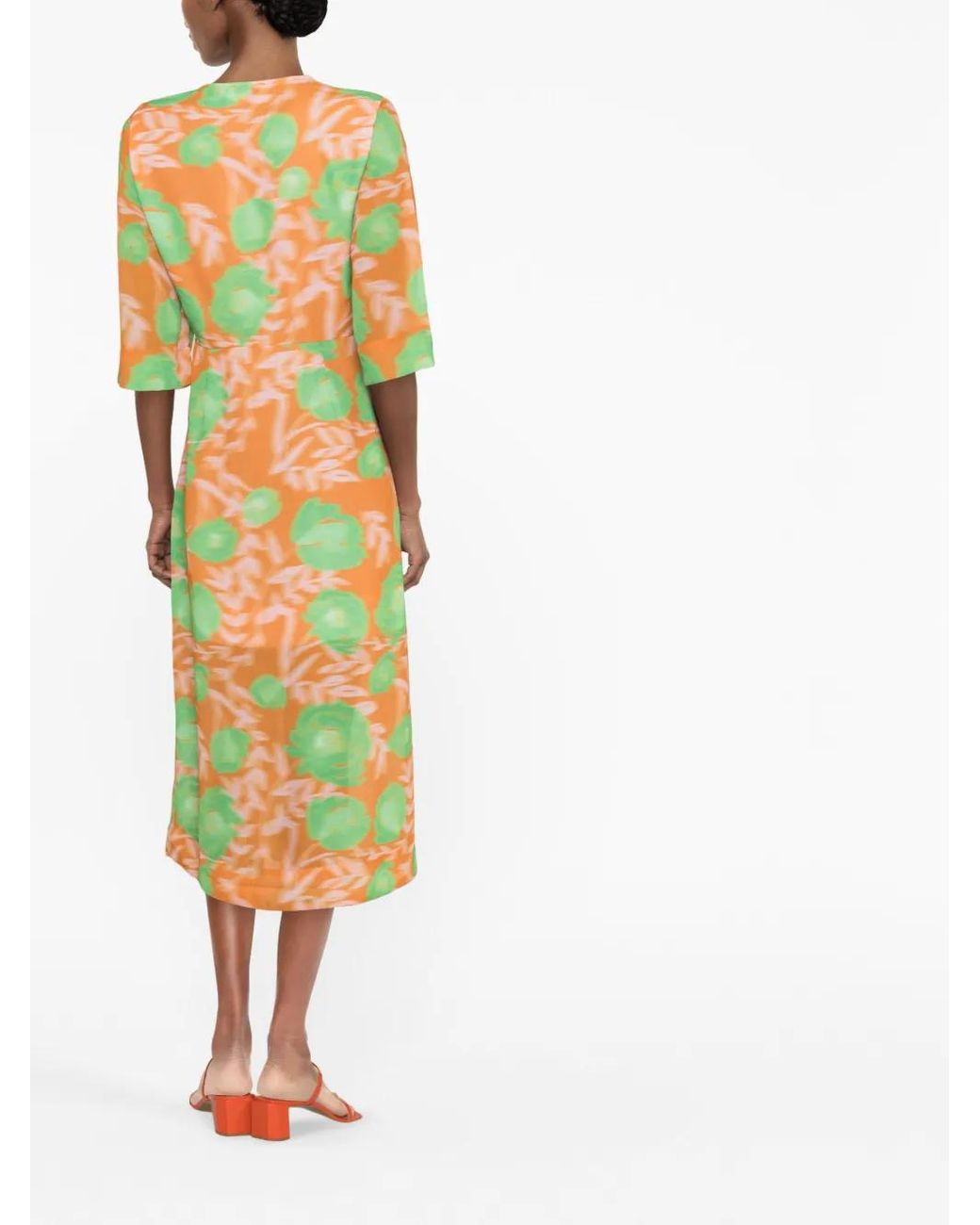 Ganni Orange Floral-Print Midi Dress