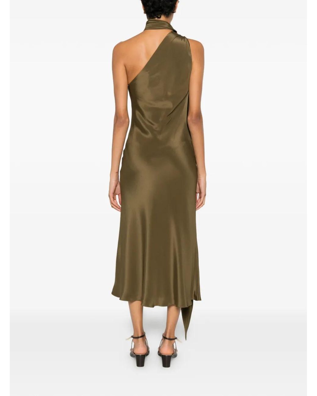 Max Mara Green Evasto One-Shoulder Hardware-Detail Silk Midi Dress