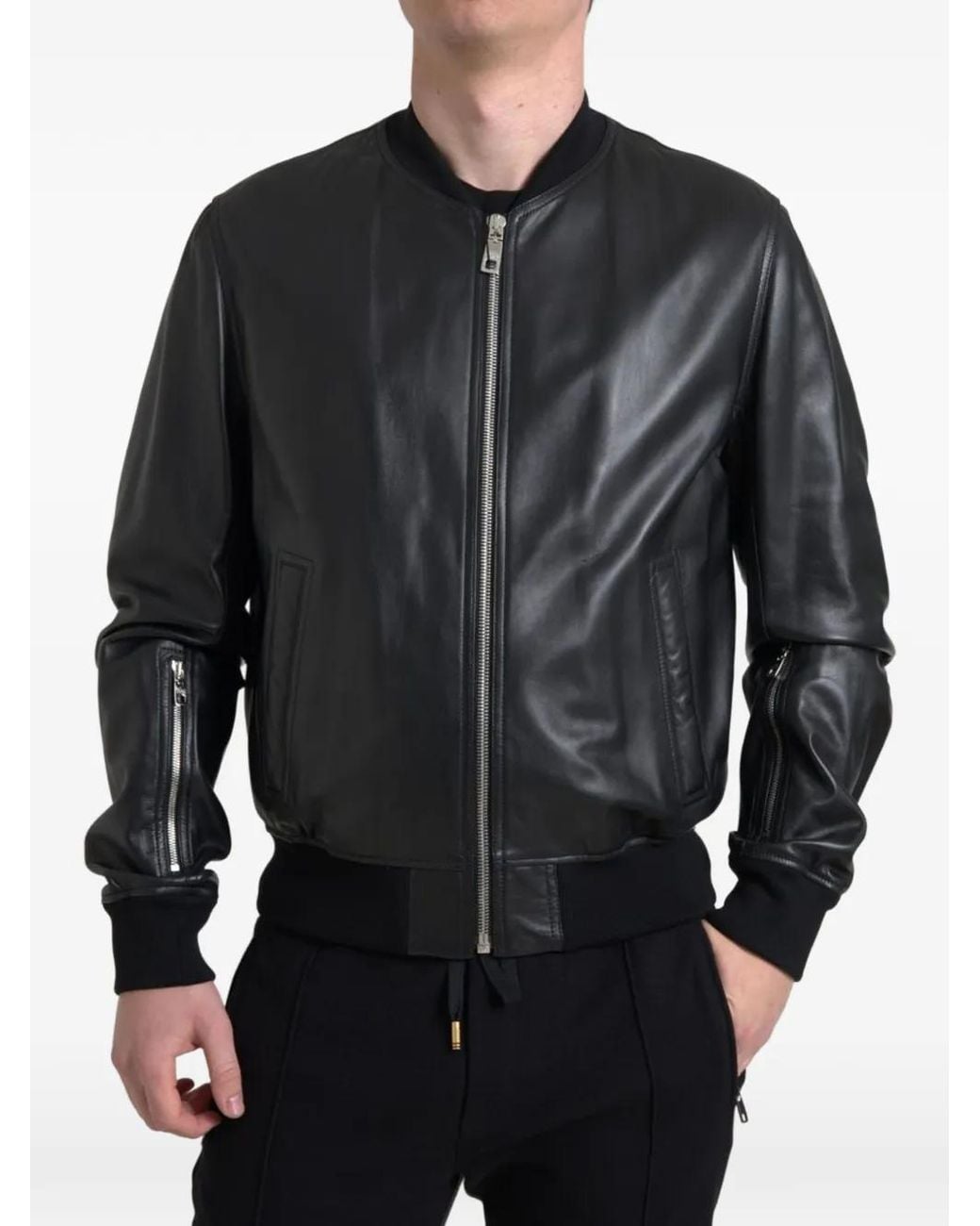 Dolce & Gabbana Black Zip-Up Leather Bomber Jacket for men